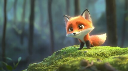   Red fox on hill in forest with trees