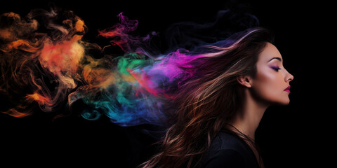 Dramatic Close-Up of a Woman with Golden Earrings, Framed by Vibrant Smoke in an Artistic Setting