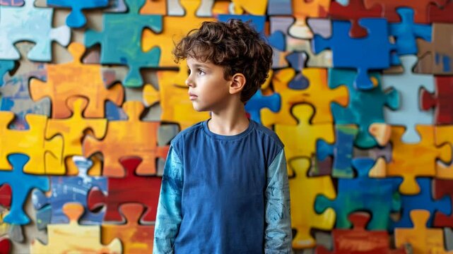 Infant boy looking at the camera with a wall made of autism awareness puzzle multi colored pieces jigsaw behind him. A young autistic boy	
