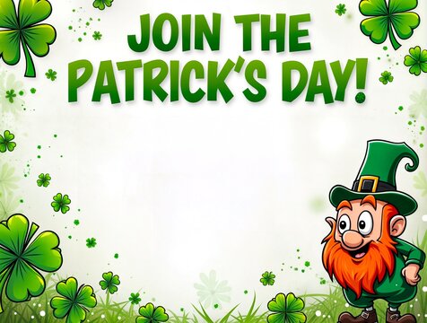 Festive St. Patrick’s Day invitation with green shamrocks, cheerful leprechaun, and decorative text on a white background