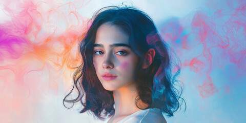 Surreal Female Portrait with Soft Colorful Haze Creating an Ethereal and Enchanting Atmosphere