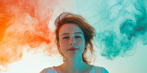 Conceptual Artistic Portrait of a Woman Surrounded by Abstract Swirling Smoke in Vibrant Tones