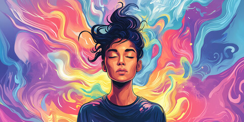 Elegant Portrait of a Young Woman Enveloped in Mystical Colorful Smoke with a Dreamlike Effect