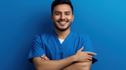 A Latino American dentist appears confident and hopeful while wearing blue scrubs. The background is a solid blue, creating a professional and calming atmosphere for patients