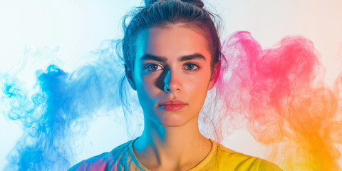 Modern Digital Art Portrait Featuring a Strong and Beautiful Woman in a Magical Smoke-Filled Scene