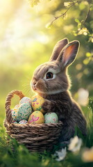 Cute Fluffy Easter Bunny Holding a Basket of Decorated Eggs – Sitting in a Lush Green Meadow with Blooming Flowers, Warm Sunlight, and a Festive Spring Atmosphere, Ultra-Detailed and Photorealistic