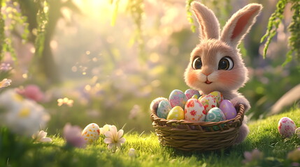 Cute Fluffy Easter Bunny Holding a Basket of Decorated Eggs – Sitting in a Lush Green Meadow with Blooming Flowers, Warm Sunlight, and a Festive Spring Atmosphere, Ultra-Detailed and Photorealistic