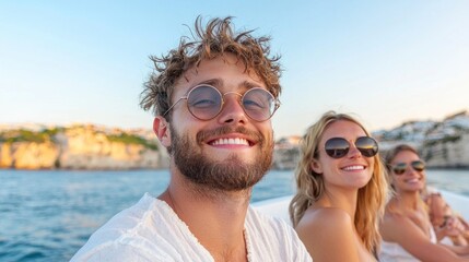 Obraz premium Happy friends enjoying sunset cruise