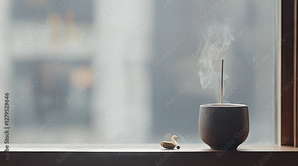 Poster a stack of smoke rising from the edge of a window ledge, alongside a coffee mug with a stick emergin