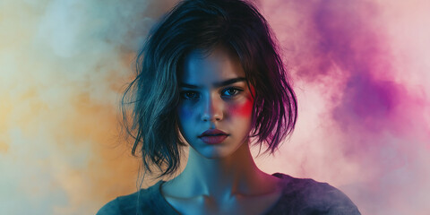 Surreal Female Portrait with Swirling Artistic Smoke Creating a Vibrant and Emotional Atmosphere