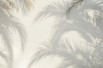 A minimalist white wall adorned with the soft, dappled shadows of tropical palm leaves