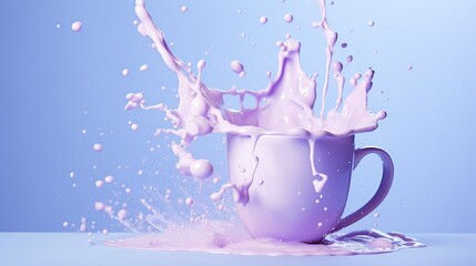  A cup of milk with milk splashed to its side and inside