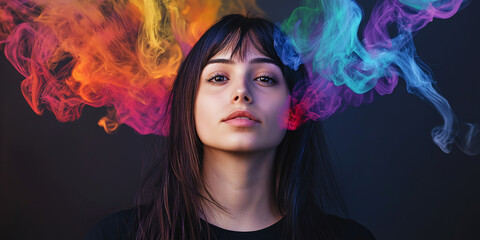 Mesmerizing Beauty Surrounded by Floating Colorful Fumes in a Dreamlike Artistic Composition