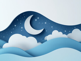 Paper Art of Moonlit Night Sky and Waves  

