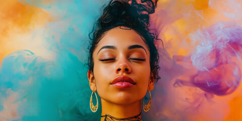 Enchanting Young Woman in a Stunning Artistic Scene with Flowing Colorful Smoke Effects