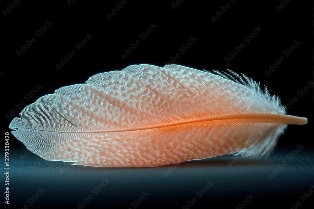 Poster intricate detail of a single, peach-colored bird feather against a dark background. the feather disp