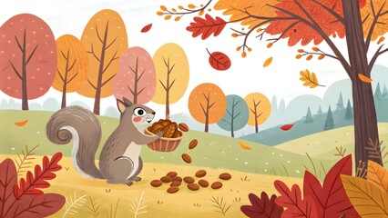 Obraz premium A playful squirrel gathering nuts a vibrant aut