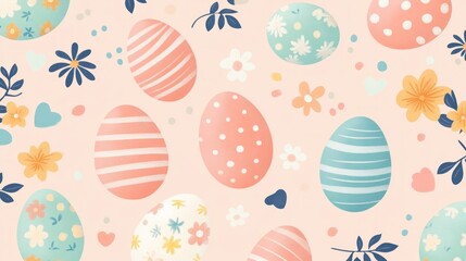 flat illustration pastel colored Easter eggs with stripes, polka dots, florals pattern