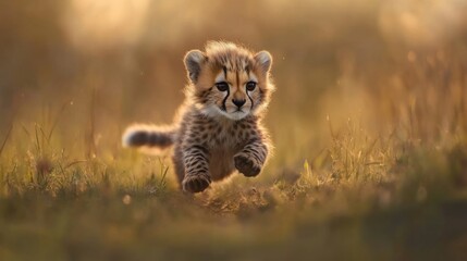 Obraz premium Cheetah Cub Playing in the Grass During Golden Hour Light