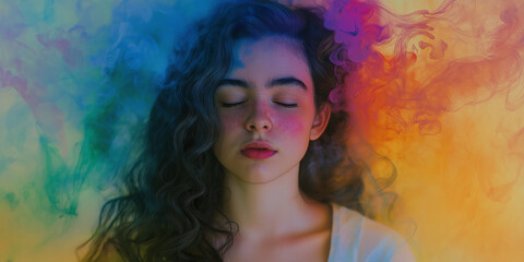 Artistic Close-Up of a Confident Woman with Vibrant Abstract Smoke Creating a Surreal Background