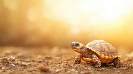 Obraz premium Close-Up of a Tortoise on Earth with Soft Warm Light Background