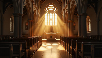 Fototapeta premium Golden Sunlight Illuminating a Grand Cathedral Interior