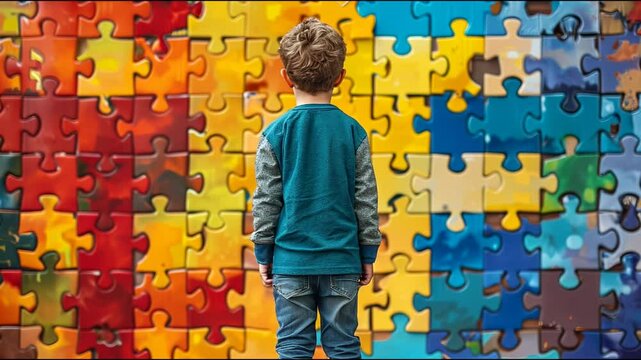 Infant boy looking at a wall made of autism awareness puzzle multi colored pieces jigsaw. A young autistic boy	
