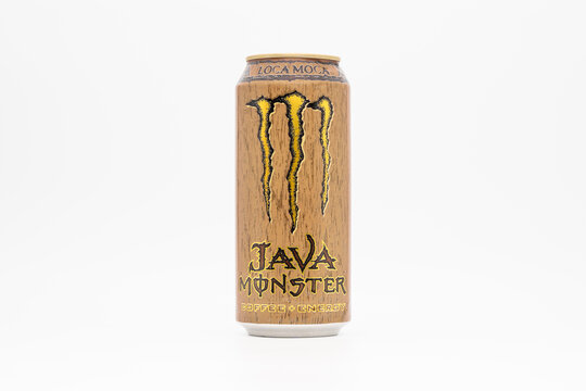 DRESDEN, GERMANY - 28. December 2024: Monster Java Loca Moca beverage. The energy drink is a blend with creamy coffee and mocha chocolate. The old can design from 2012 is in brown with a golden claw.