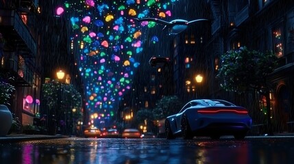   Car parked on side street at night, with many colorful hanging lights