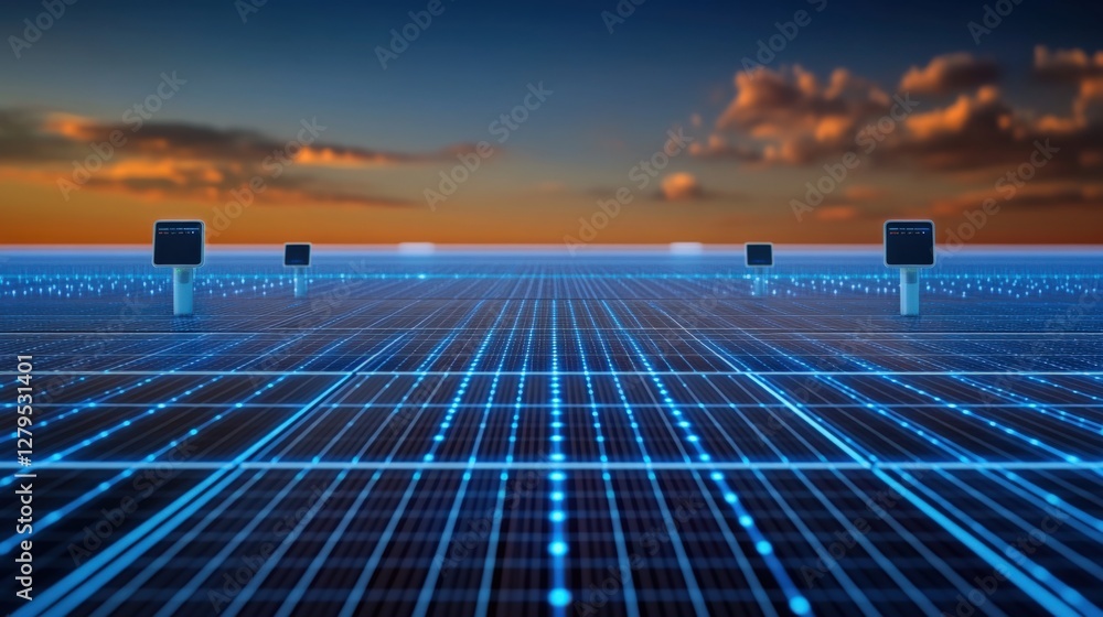 Aufkleber exploring the digital landscape virtual grid technology at sunset data visualization futuristic envi