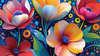 A vibrant and detailed illustration of large, colorful flowers with petals in shades of red, yellow, white, and pink. The flowers are surrounded by abstract patterns and swirls in a variety of colors