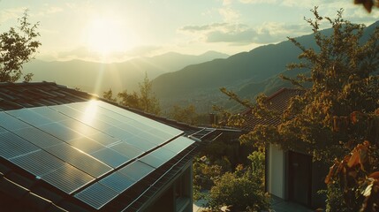 Solar panels capture sunlight on a mountain home at sunset, showcasing renewable energy in a beautiful landscape