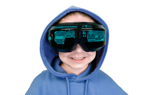 Portrait of a girl with a virtual reality headset with a HUD interface in a blue hoodie on a transparent background. Virtual reality glasses. Cyberspace, entertainment, online leisure concept