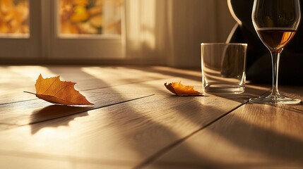   A glass of wine sits atop a wooden table, beside a glass of wine and an orange leaf