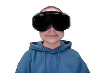 Portrait of a girl with a virtual reality headset in a blue hoodie on a transparent background. Virtual reality glasses. Cyberspace, entertainment, online leisure concept