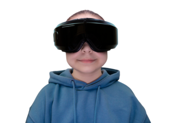 Portrait of a girl with a virtual reality headset in a blue hoodie on a transparent background. Virtual reality glasses. Cyberspace, entertainment, online leisure concept
