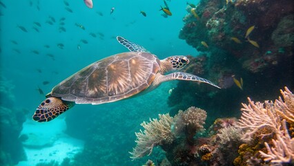 Naklejka premium A sea turtle swimming gracefully through clear blu