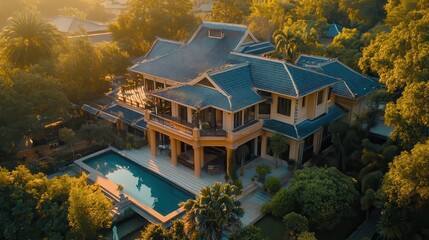 Elegant villa in lush landscape at sunset showcasing stunning architecture and tranquil atmosphere