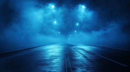Blue dark background of empty foggy street with wet asphalt, illuminated by a searchlight, laser beams, smoke