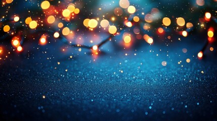 Obraz premium holiday illumination and decoration concept - christmas garland bokeh lights over dark blue background