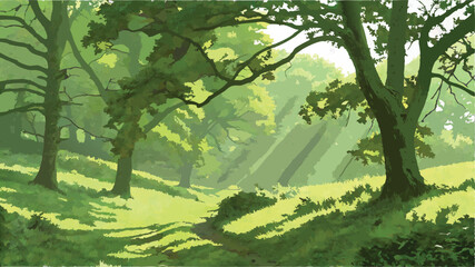 Scenic Forest With Sunlight Streaming Through Lush Green Trees. Beautiful Rays Of Sunlight In A Green Forest.