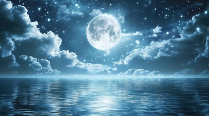 Fototapeta premium Romantic Moon With Clouds And Starry Sky Over Sparkling Blue Water