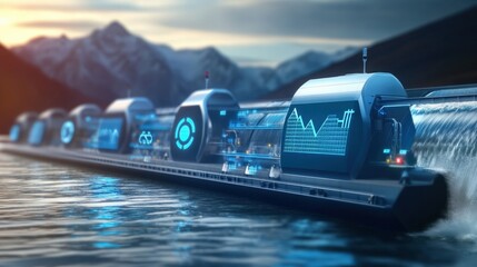 Obraz premium Innovative floating data center technology revolutionizes water-based infrastructure serene lake environment futuristic visual content