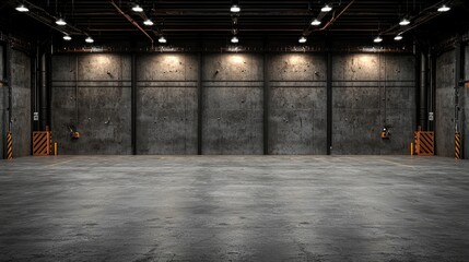 Empty industrial warehouse interior, concrete floor, lights
