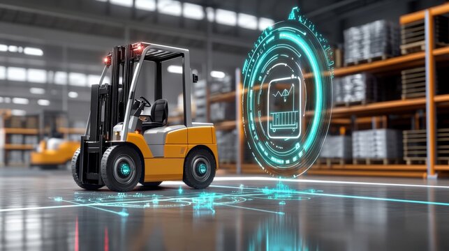 Forklift operation enhancements warehouse digital monitoring industrial environment close-up view future technology integration
