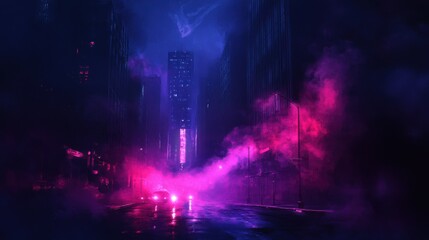 Fototapeta premium Dark street, night smog and smoke neon light. Dark background of the night city, ray of light in the dark. Gloomy dark background.