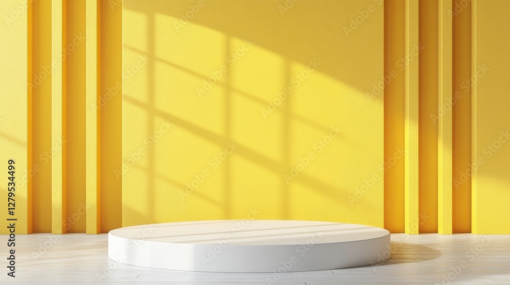 Poster empty room interior design or yellow pedestal display on vivid background with blank stand. blank st