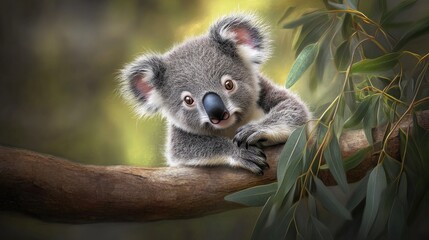 Obraz premium Cute Koala Sitting on a Branch Surrounded by Green Leaves