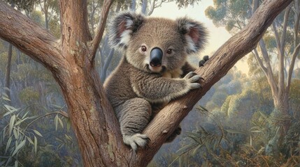 Fototapeta premium Cute Koala Sitting on Tree Branch in Natural Australian Habitat