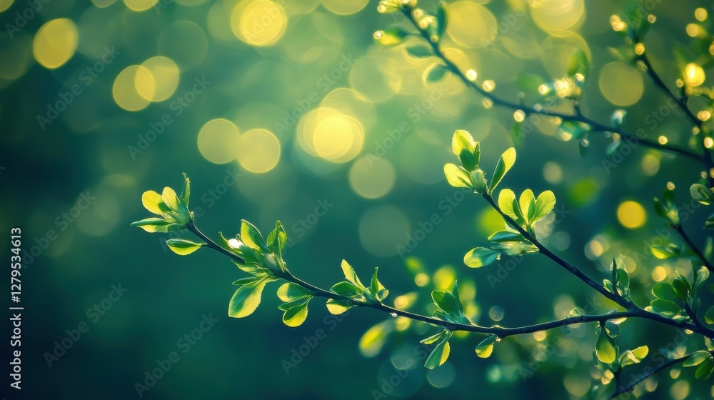 Poster spring background - abstract banner - green blurred bokeh lights -